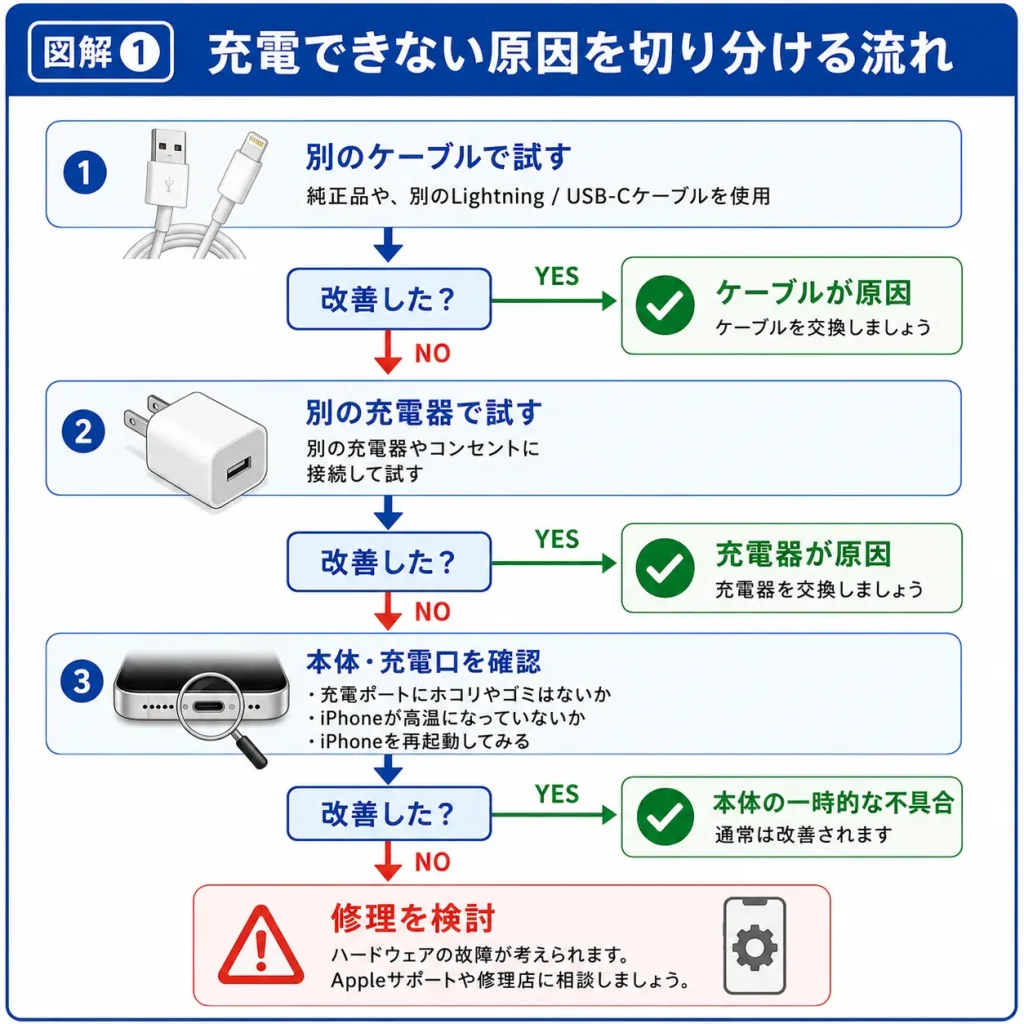 図解① 充電できない原因を切り分ける流れ