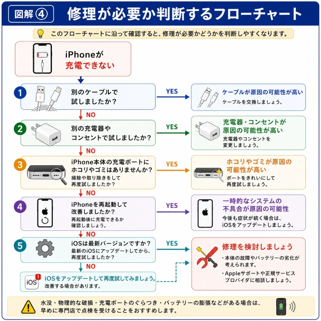 図解④ iPhoneが充電できない　修理が必要か判断するフローチャート